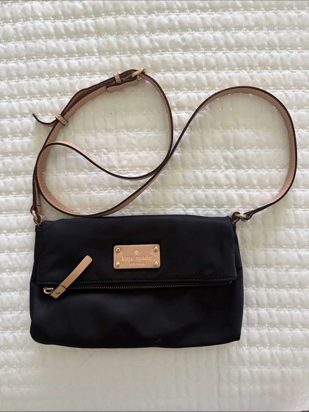 Kate Spade Black Crossbody Bag with Tan Strap and Gold Hardware